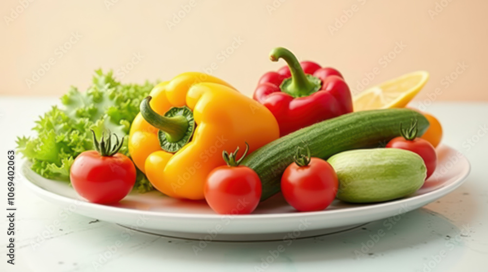 Vibrant vegetable platter with bell peppers and fresh greens on a white plate Vibrant vegetable platter with bell peppers and fresh greens on a white plate