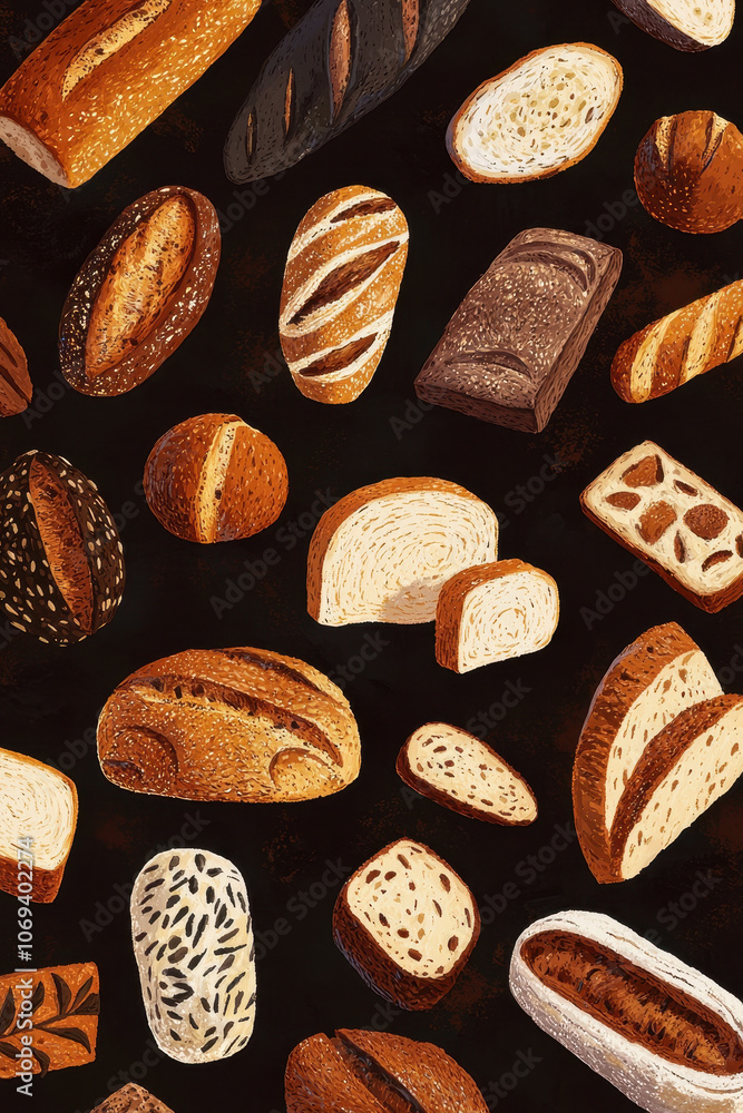Artistic Illustration of Various Artisan Breads Showcasing Diverse Textures and Styles Artistic Illustration of Various Artisan Breads Showcasing Diverse Textures and Styles