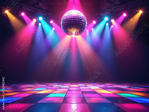 Retro style 70s disco club background with groovy dance floor mirror ball hanging from ceiling and colorful spotlights