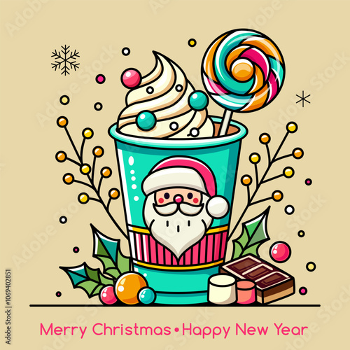 Merry Christmas and Happy New Year greeting card. Cup of hot chocolate with marshmallows and caramel and Santa Claus face. Flat vector illustration isolated