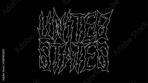 United States vector typography design in jagged, thorn like letters, creating a chaotic, metal inspired look. The intense, white on black style evokes a dark, rebellious vibe.