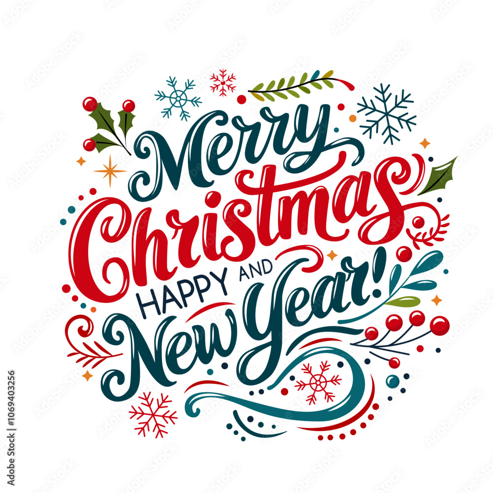 Greeting card with beautiful hand-lettered brush lettering Merry Christmas and Happy New Year! Hollyhock, snowflakes and winter berries. Flat vector illustration on white background Greeting card with beautiful hand-lettered brush lettering Merry Christmas and Happy New Year! Hollyhock, snowflakes and winter berries. Flat vector illustration on white background