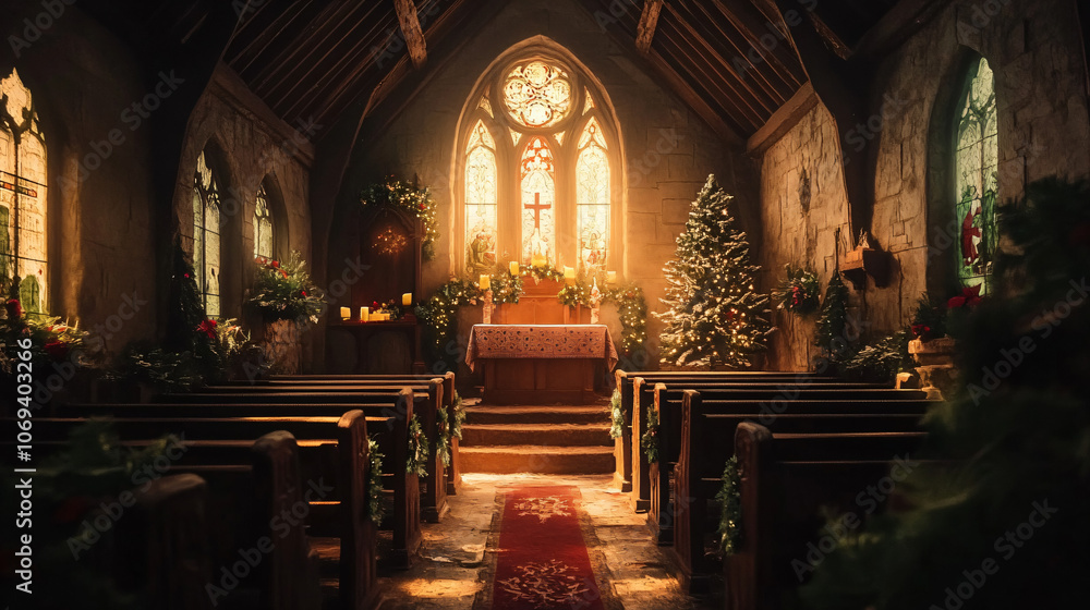 Fototapeta premium A reverent scene inside a small chapel during a Christmas service, with soft lighting and prayers.