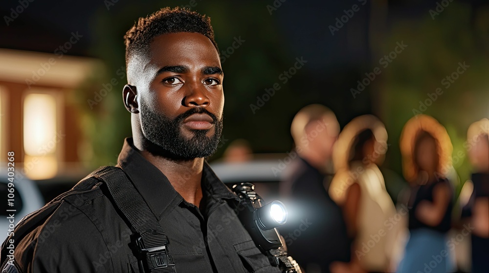A serious-looking man in tactical gear stands in focus, while a group of people appears blurred in the background, suggesting a night-time scene. A serious-looking man in tactical gear stands in focus, while a group of people appears blurred in the background, suggesting a night-time scene.