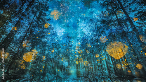 stunning forest scene with vibrant blue hues and golden orbs reflecting in water, creating magical atmosphere. interplay of light and nature evokes sense of wonder and tranquility