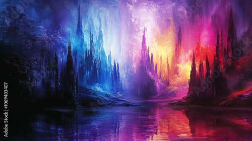 stunning digital landscape featuring vibrant colors and mystical formations reflecting in water, creating dreamlike atmosphere