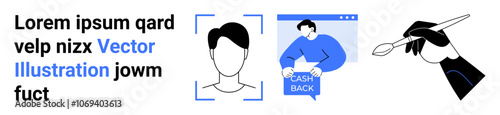 Text element, user profile icon, cash back graphic, and hand holding a brush. Ideal for marketing, finance, profile creation, personalization, design, e-commerce, user interface. Landing page