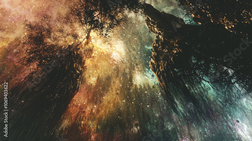 mesmerizing view of cosmic landscape with vibrant colors and intricate patterns resembling trees and stars. ethereal atmosphere evokes sense of wonder and exploration