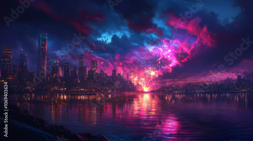 mesmerizing display of colorful fireworks exploding over vibrant city skyline at night, reflecting beautifully on water