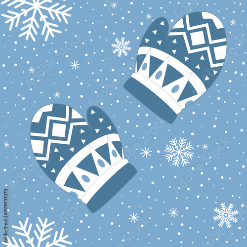 Blue and white winter seamless pattern. Christmas blue snowflakes and mittens pattern. Christmas and winter season background. Kids mittens seamless pattern. New Year background. Hello winter pattern.