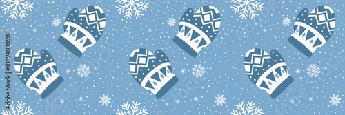 Blue and white winter seamless pattern. Christmas blue snowflakes and mittens pattern. Christmas and winter season background. Kids mittens seamless pattern. New Year background. Hello winter pattern.