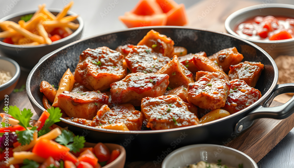 Fried meat with vegetables in a pan, salad and snacks isolated with white highlights, png Fried meat with vegetables in a pan, salad and snacks isolated with white highlights, png