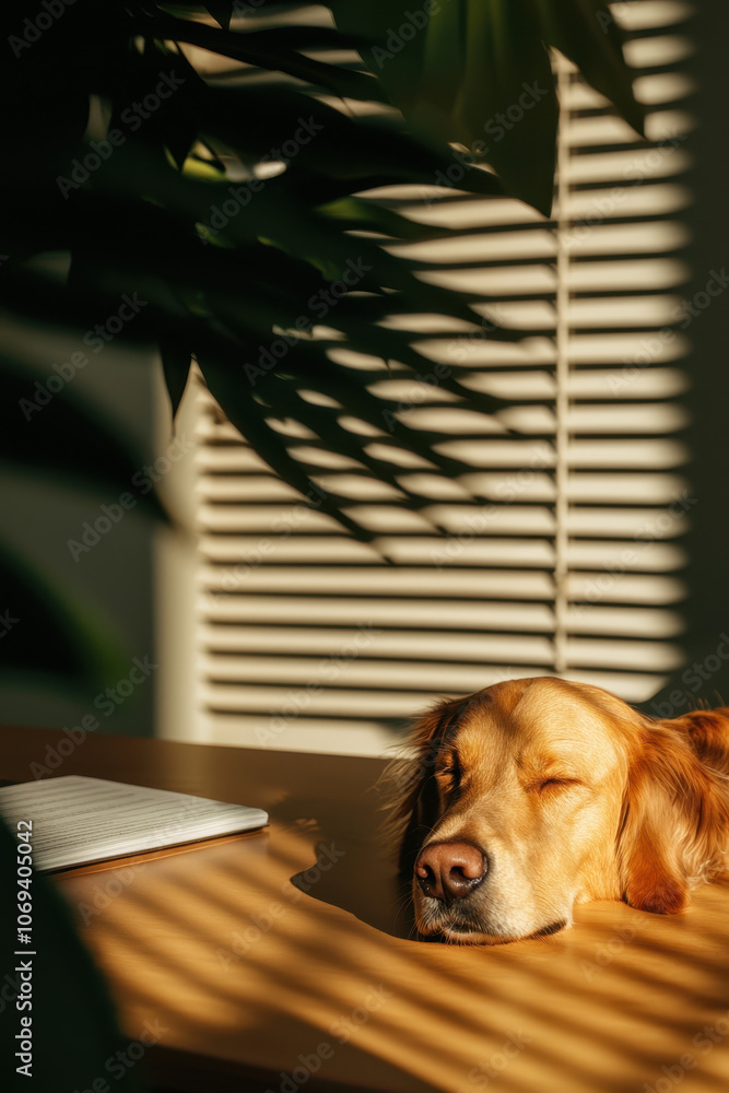 Peaceful Dog Resting in Sunlit Room with Shadows and Warm Light Peaceful Dog Resting in Sunlit Room with Shadows and Warm Light
