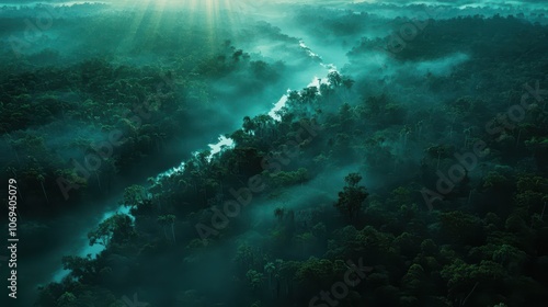 Emerald Rainforest Canopy: Aerial View at Blue Hour with Serpentine River, Morning Fog, and Sun Rays; Vivid Patterns and Textures in National Geographic Style. High-Resolution.