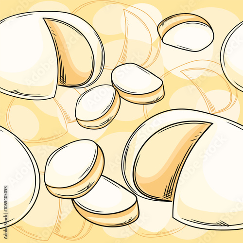 Hand drawn seamless pattern fresh mozzarella cheese depicted in a seamless pattern on a creamy yellow background. Ideal for pizzerias, Italian food products, or dairy branding. Vector illustration