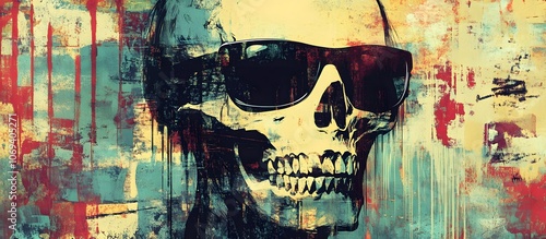 Wallpaper Mural A skull wearing sunglasses, set against a grungy, abstract background filled with bold splashes of blue and red. Torontodigital.ca