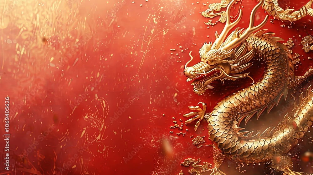 A gold dragon is on a red background A gold dragon is on a red background