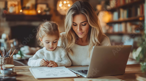 A smiling mother and her young daughter work together at a cozy home desk, symbolizing work-life balance and family bonding