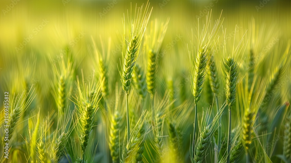 Close-Up of a Wheat Field with Fresh Green Ears in Spring, Highlighting the Bounty of Nature in a Summer Setting Close-Up of a Wheat Field with Fresh Green Ears in Spring, Highlighting the Bounty of Nature in a Summer Setting