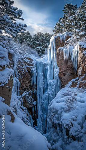 A majestic frozen waterfall surrounded by snow-covered rocks, capturing the awe of nature’s winter wonders.