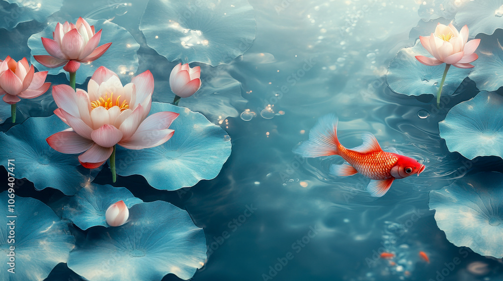 Fototapeta premium Vibrant goldfish swimming among blooming lotus flowers in tranquil aquatic environment