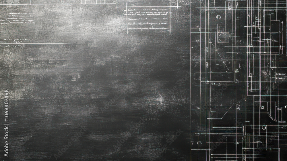 Architectural blueprint drawings on chalkboard with technical details in classroom setting Architectural blueprint drawings on chalkboard with technical details in classroom setting