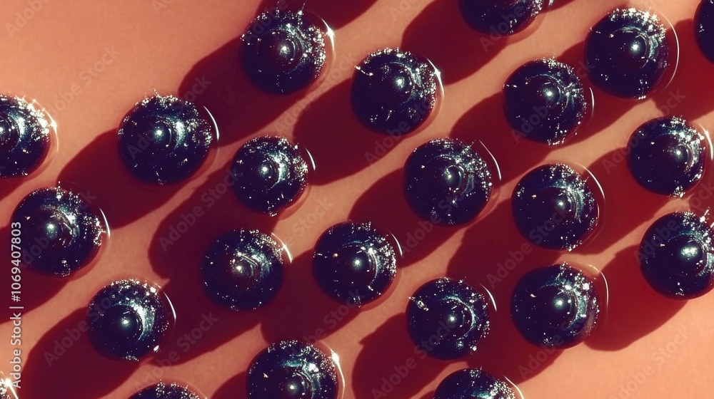 Pattern of glossy black spheres casting shadows on red background Pattern of glossy black spheres casting shadows on red background