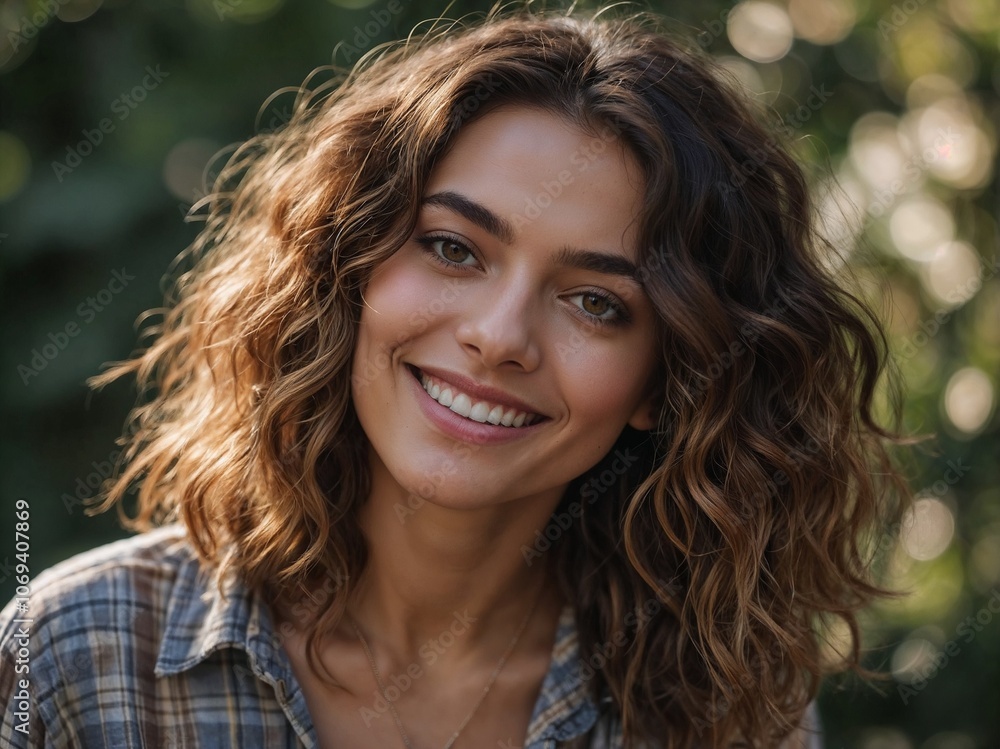 Smiling Young Woman with Curly Hair in Outdoor Natural Light Portrait with Green Background Smiling Young Woman with Curly Hair in Outdoor Natural Light Portrait with Green Background