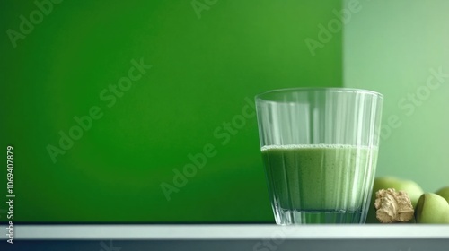 Refreshing green smoothie with fresh ginger and grapes on a vibrant background