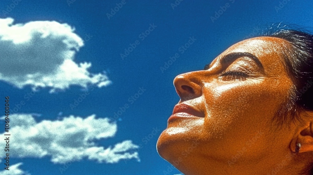 Serene woman enjoying sunlight under blue sky with clouds Serene woman enjoying sunlight under blue sky with clouds