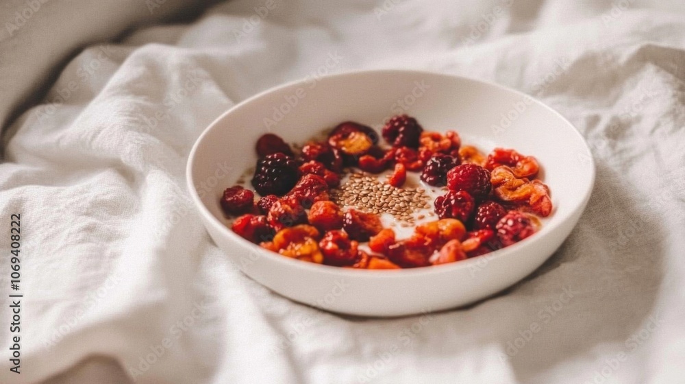 Rustic bowl of yogurt with dried berries and seeds on cozy linen bedding Rustic bowl of yogurt with dried berries and seeds on cozy linen bedding