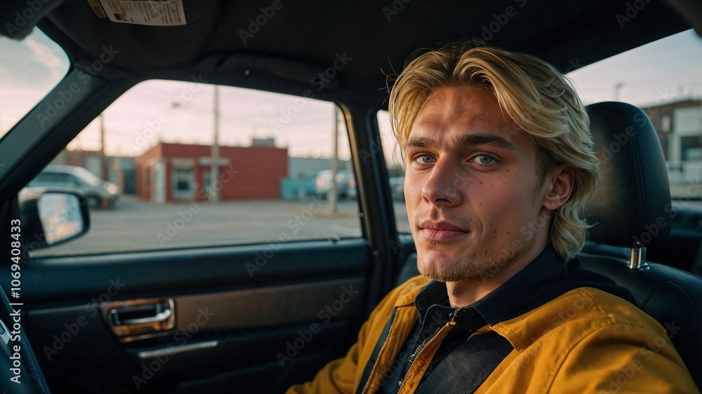 A young man, in his 20s, concentrates behind the wheel while practicing basic driving. A young man, in his 20s, concentrates behind the wheel while practicing basic driving.