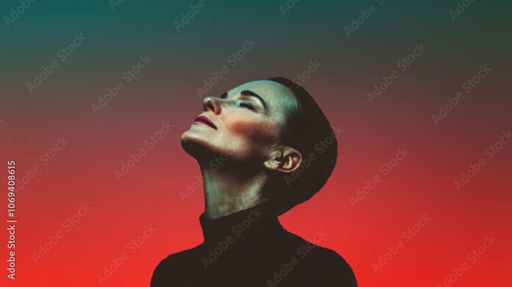 Serene woman posing against vibrant gradient background Serene woman posing against vibrant gradient background