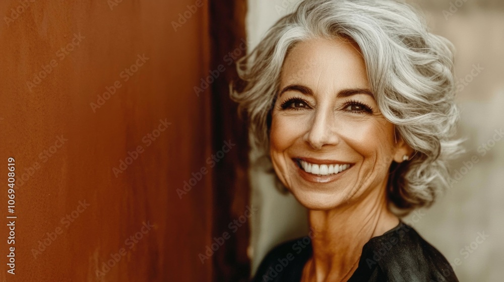 Confident mature woman smiling with gray hair against warm background Confident mature woman smiling with gray hair against warm background