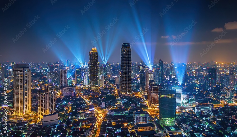 Obraz premium Night view of the Bangkok cityscape with light beams and digital data connections in the sky, showcasing advanced technology in urban life Generative AI