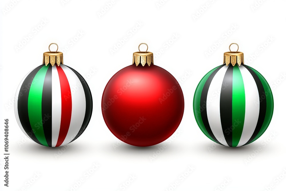 Trio of Christmas ornaments in green red and white stripes set against a bright background capturing the festive colorful essence of traditional holiday decor Trio of Christmas ornaments in green red and white stripes set against a bright background capturing the festive colorful essence of traditional holiday decor