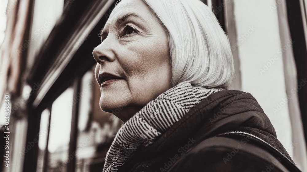 Elegant portrait of a mature woman with silver hair in city setting Elegant portrait of a mature woman with silver hair in city setting