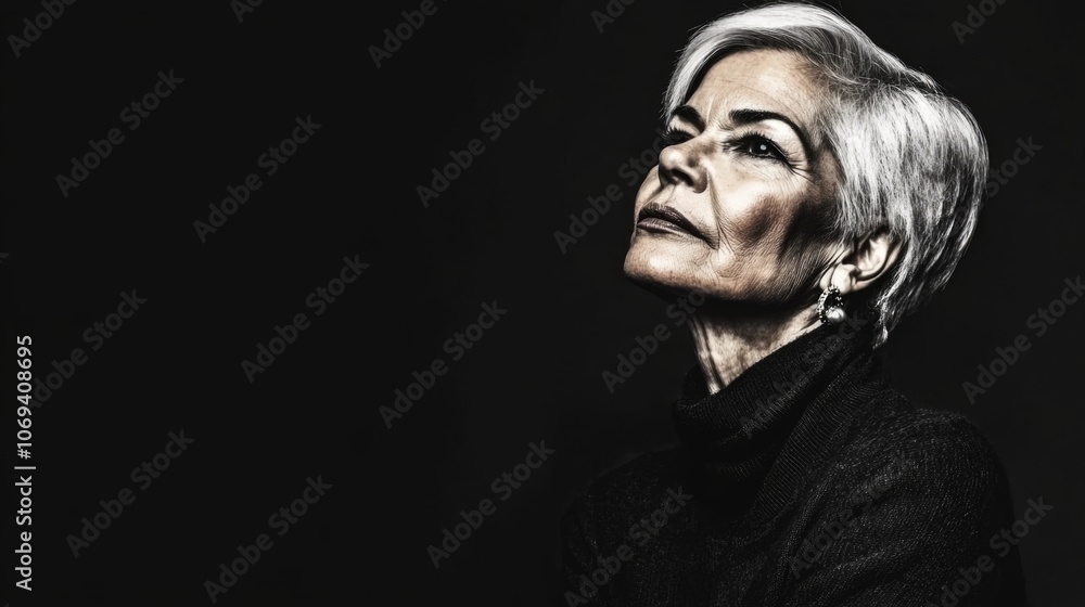 Sophisticated reflection: elegant older woman with silver hair in dramatic lighting Sophisticated reflection: elegant older woman with silver hair in dramatic lighting