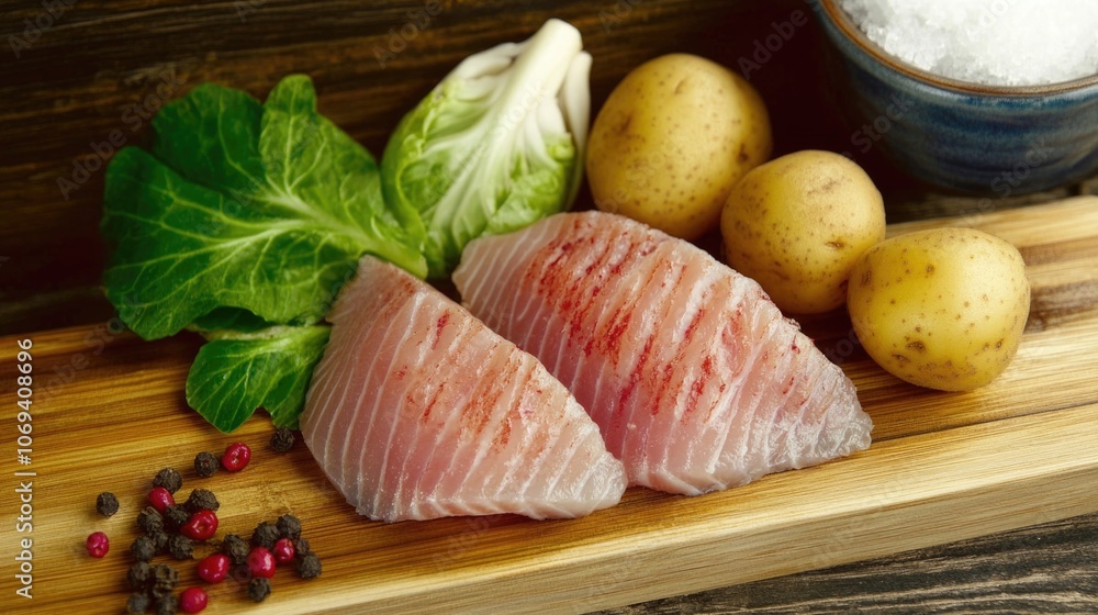 Fresh raw fish fillets with vegetables and potatoes on a wooden board