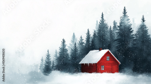 Mountain landscape with spruce and pine trees in winter. a cozy wooden cabin with a snow-covered roof.