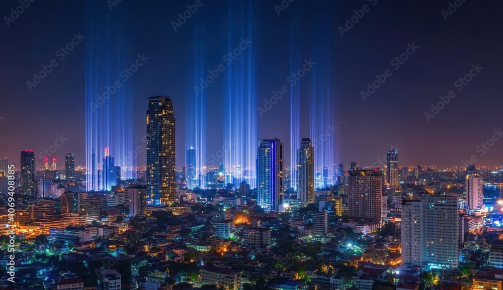 Obraz premium A panoramic view of Bangkok's skyline at night, with glowing blue and white light beams representing data streams flowing between buildings, connection to global digital network Generative AI