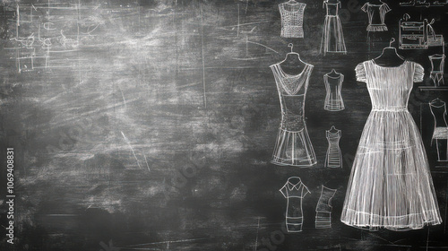 Chalkboard with fashion design sketches of various dresses and outfits