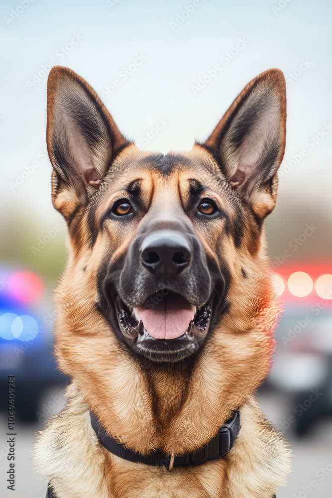 Fototapeta premium German Shepherd police guard dog portrait on background with blurred police lights and cars, copy space