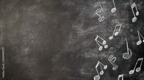 Chalkboard with music notes drawn in white on dark background photo