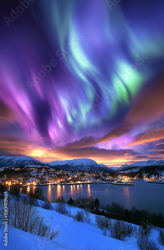 Hermosas auroras boreales en el cielo sobre las montañas y un lago en Noruega. Luces azules, violetas y verdes iluminan el paisaje invernal nocturno con nubes espectaculares. photo