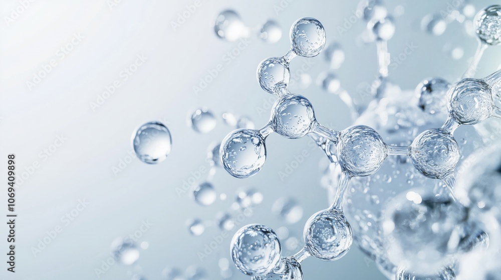 Close-up visualization of water molecules on light blue background for scientific study Close-up visualization of water molecules on light blue background for scientific study