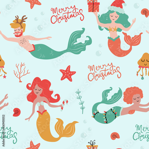 Merry Christmas Mermaid seamless pattern. Cute Mermaid with Christmas elements and lights.	