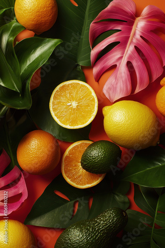 Vibrant Citrus and Tropical Leaves Arrangement: A Feast for the Senses photo