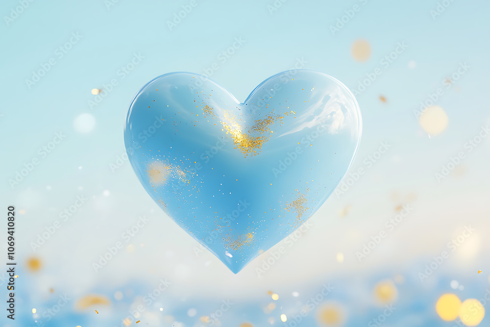 A light blue heart shape with golden sparkles floats gracefully against a serene sky background, evoking feelings of love and tranquility A light blue heart shape with golden sparkles floats gracefully against a serene sky background, evoking feelings of love and tranquility