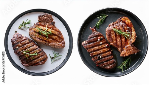 Collection of grilled steak on plate on isolate White background, PNG